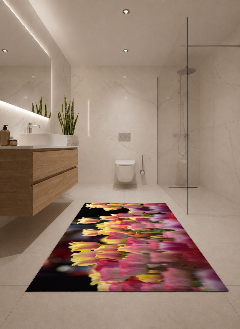 Lale Bahçesi Dekoratif Salon Halısı – Pembe Sarı Mor Canlı Bahar