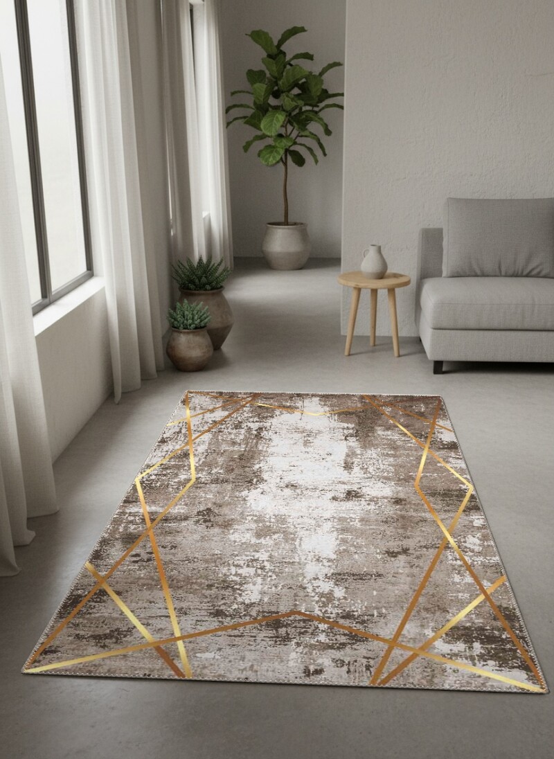 Lüks Soyut Eskitme Altın Geometrik Çizgili Dekoratif Salon Halısı – Gri Altın