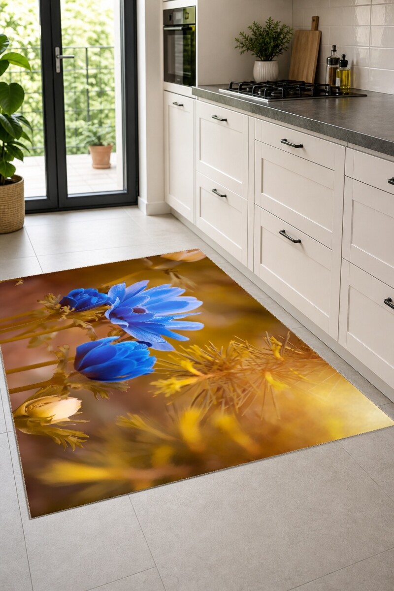 Mavi Anemone Çiçeği Dekoratif Salon Halısı – Kobalt Mavi Altın Bokeh