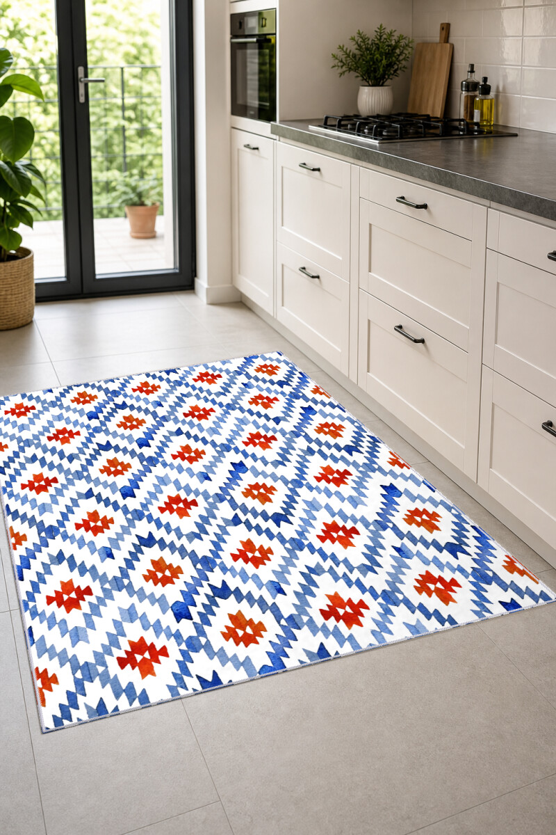 Mavi Kırmızı Dekoratif Mutfak Halısı – Suluboya Aztek Kilim Geometrik Elmas Madalyon Beyaz