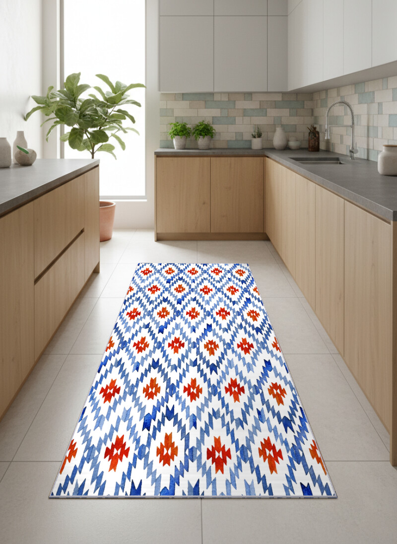Mavi Kırmızı Dekoratif Mutfak Halısı – Suluboya Aztek Kilim Geometrik Elmas Madalyon Beyaz