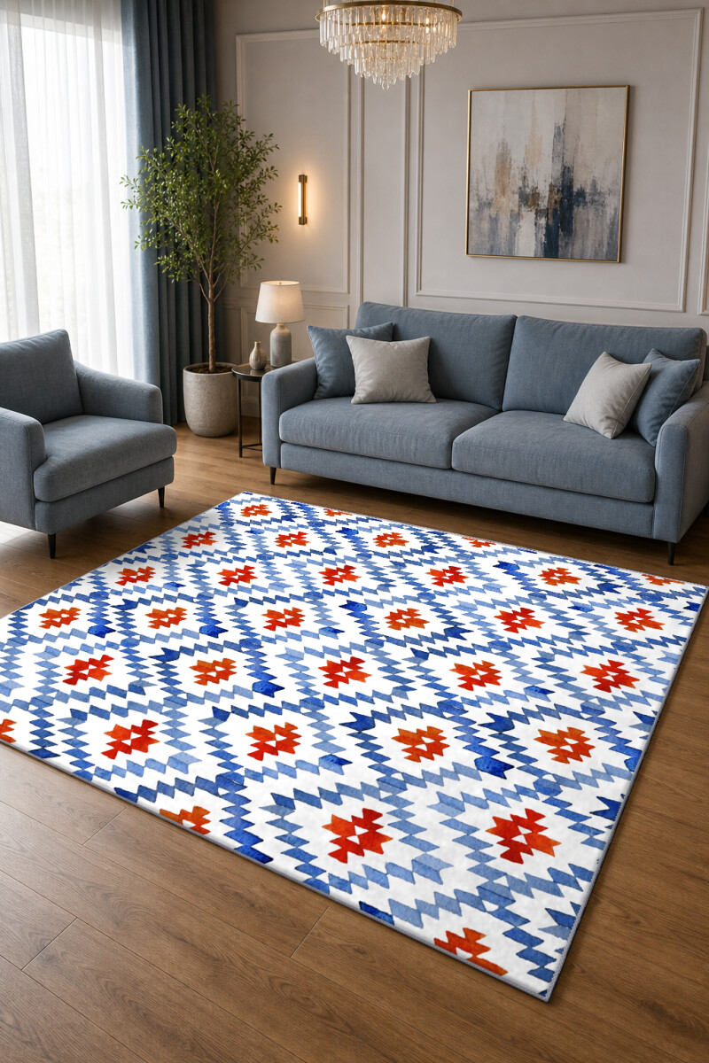 Mavi Kırmızı Dekoratif Mutfak Halısı – Suluboya Aztek Kilim Geometrik Elmas Madalyon Beyaz
