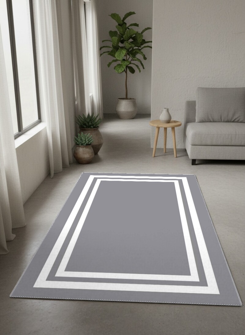 Minimalist Düz Gri Beyaz Çift Çerçeve Bordürlü Salon Halısı
