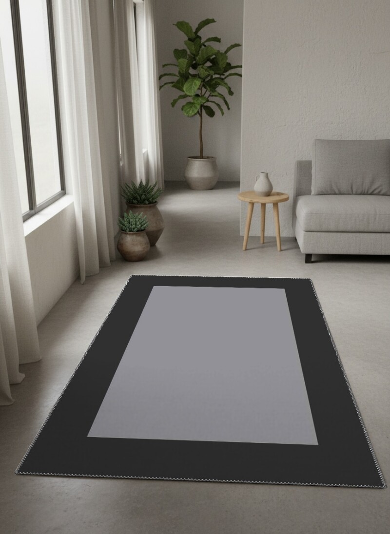 Minimalist Düz Gri Siyah Geniş Çerçeve Bordürlü Salon Halısı — Gri Siyah