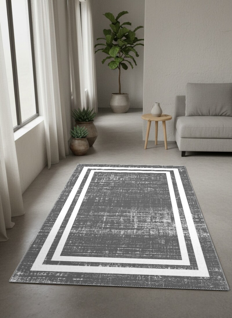 Minimalist Gri Doku Çift Çerçeveli Dekoratif Salon Halısı – Gri Beyaz