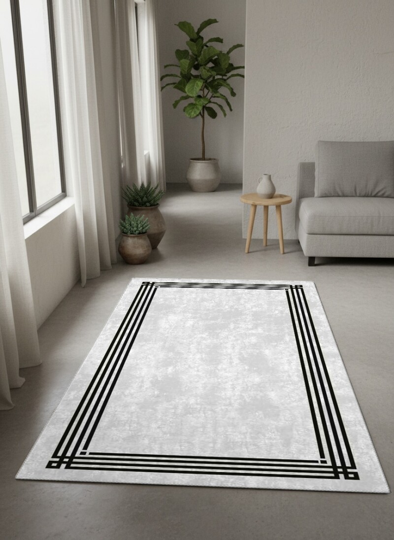 Minimalist Gri Mermer Doku Üçlü Çerçeveli Dekoratif Salon Halısı – Gri Siyah