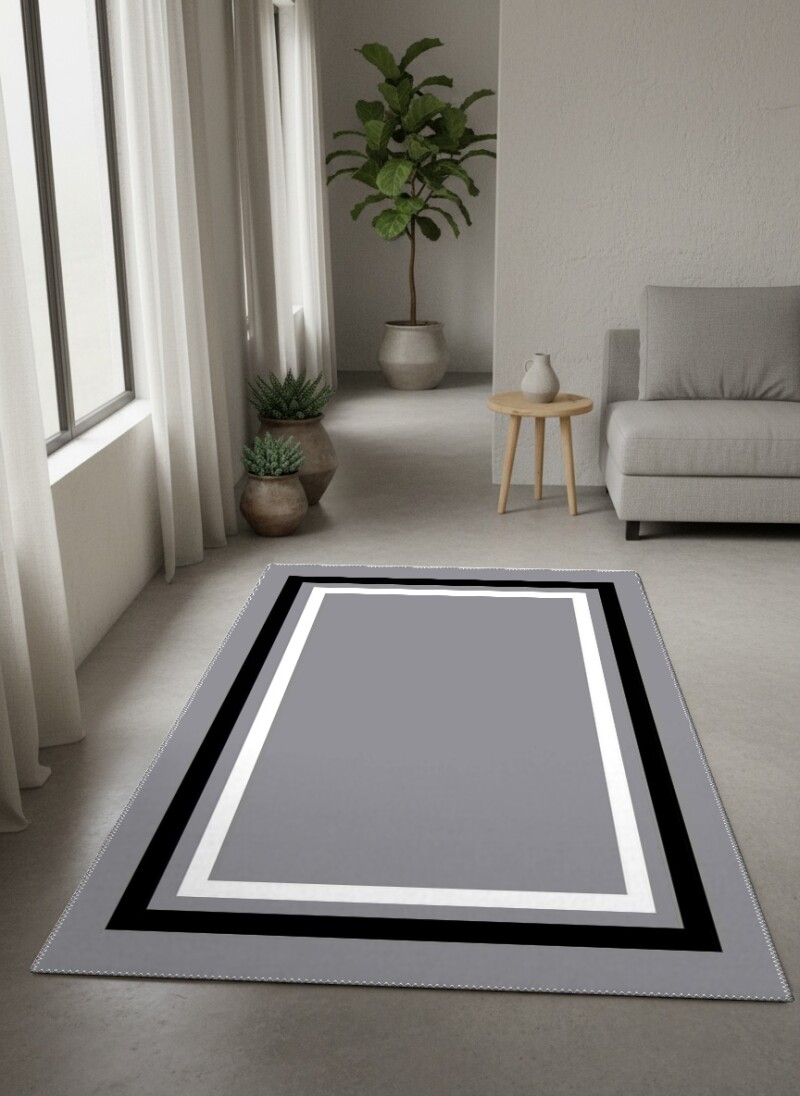 Minimalist Gri Siyah Beyaz Üç Renkli Çerçeve Bordürlü Salon Halısı