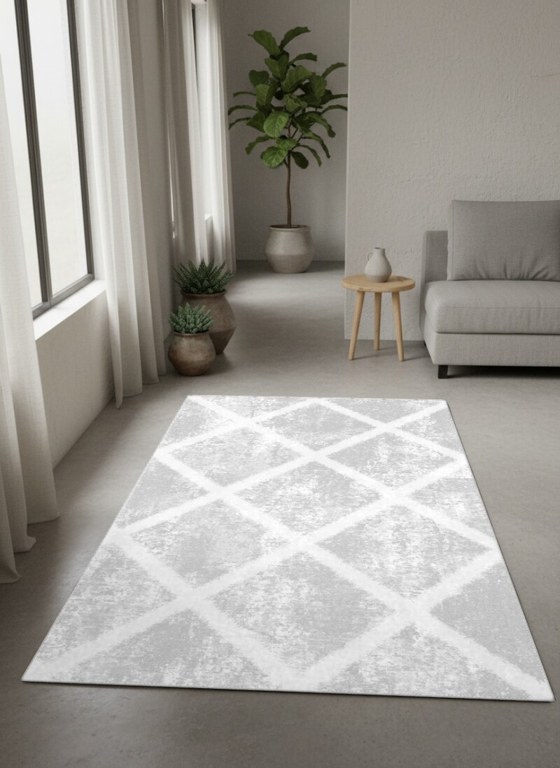 Minimalist Gümüş Elmas Trellis Dokulu Dekoratif Salon Halısı – Beyaz Gümüş