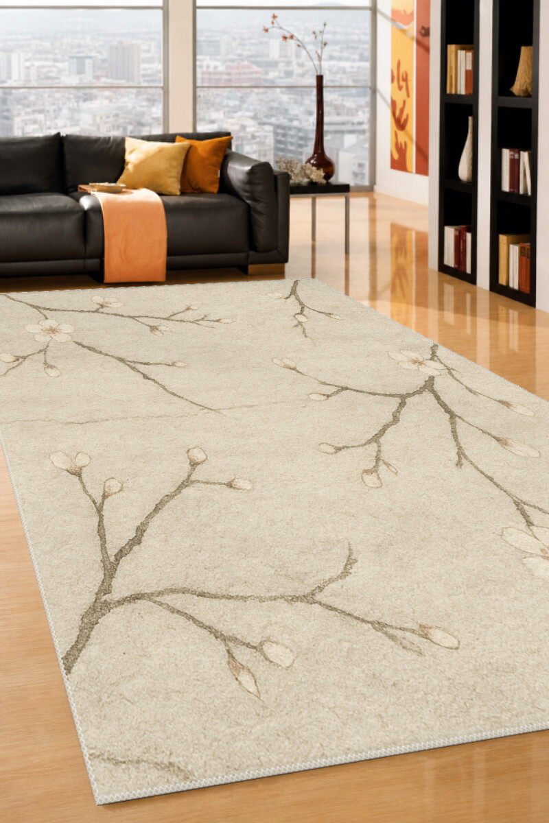 Minimalist Japon Kiraz Çiçeği Dekoratif Salon Halısı – Krem Bej Sade Zarif