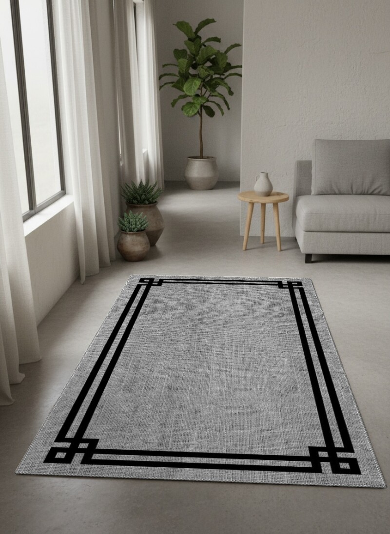 Minimalist Köşe Çerçeveli Dekoratif Salon Halısı – Açık Gri Siyah Bordür Sade