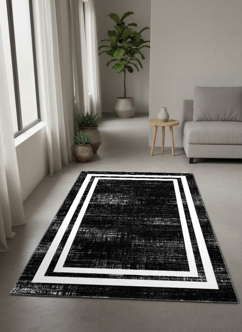 Minimalist Siyah Beyaz Kontraslı Çift Çerçeveli Dekoratif Salon Halısı – Siyah Beyaz