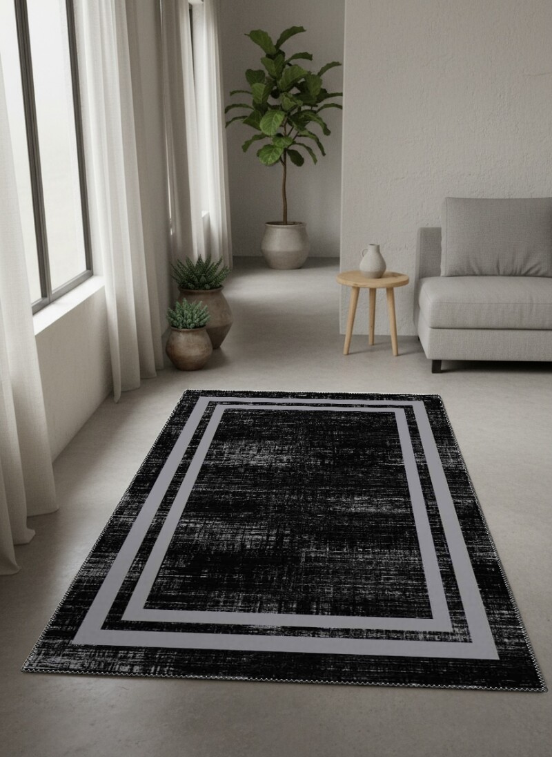 Minimalist Siyah Doku Gri Çerçeveli Dekoratif Salon Halısı – Siyah Gri