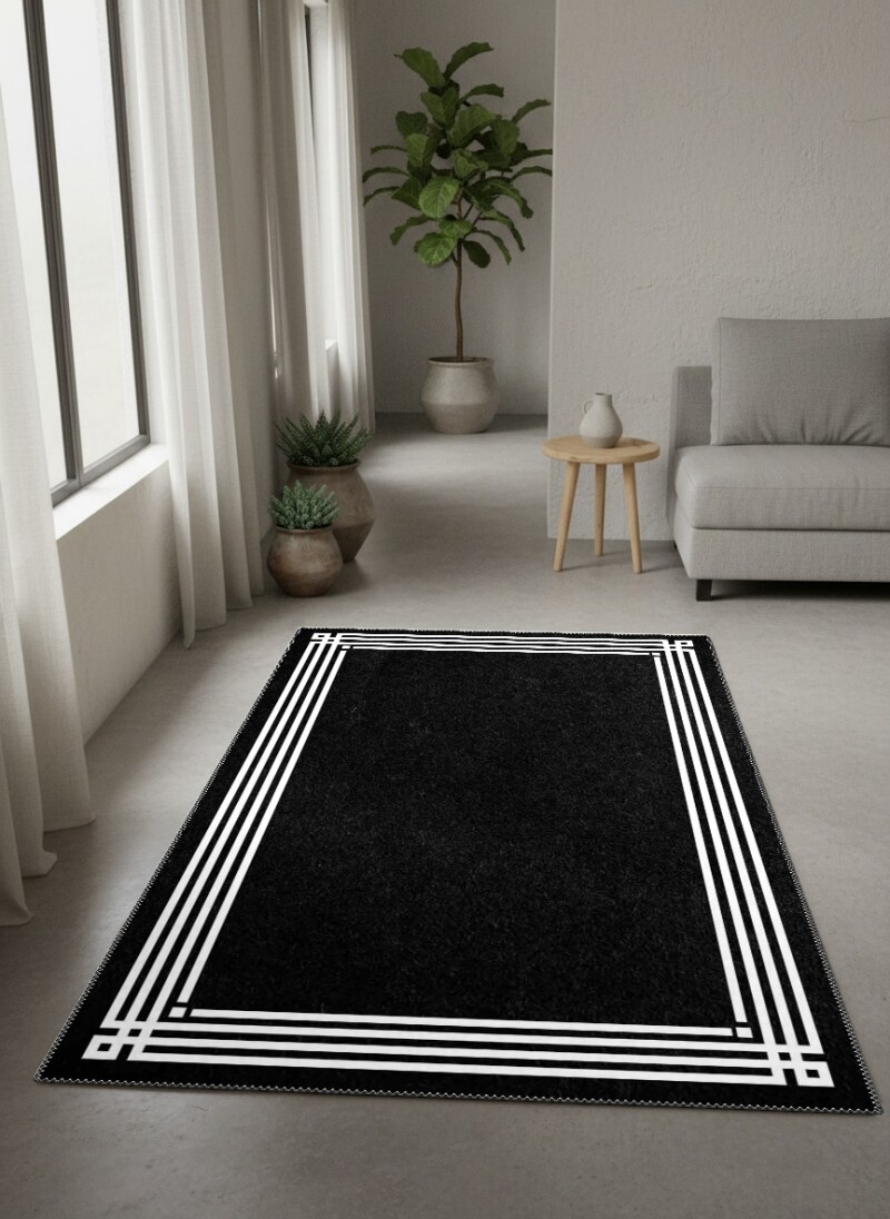 Minimalist Siyah Düz Yüzey Çift Çerçeve Bordürlü Salon Halısı — Siyah Beyaz