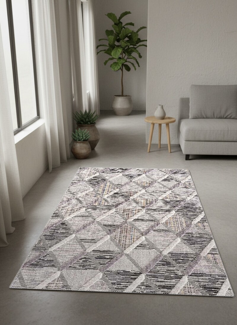 Modern Diyagonal Geometrik Desenli Dekoratif Salon Halısı – Antrasit Gri