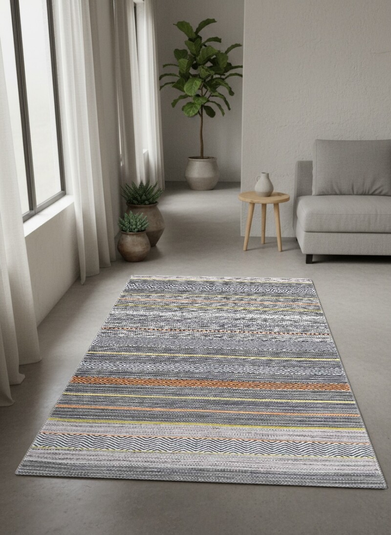 Modern Etnik Kilim Şeritli Dekoratif Salon Halısı – Gri Turuncu Sarı
