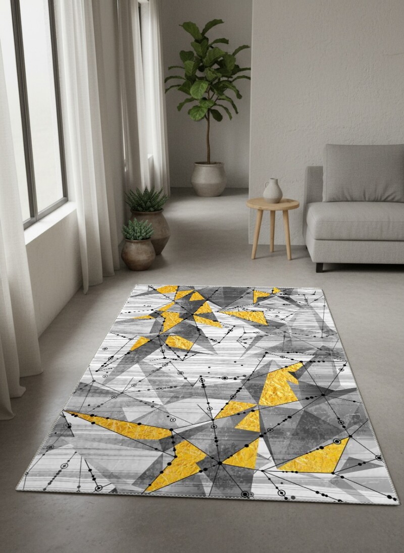 Modern Geometrik Constellation Altın Üçgenli Dekoratif Salon Halısı – Beyaz Gri Altın
