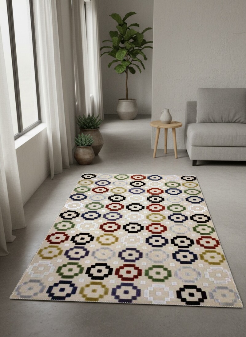 Modern Renkli Sekizgen Halka Geometrik Desenli Dekoratif Salon Halısı – Krem Çok Renkli