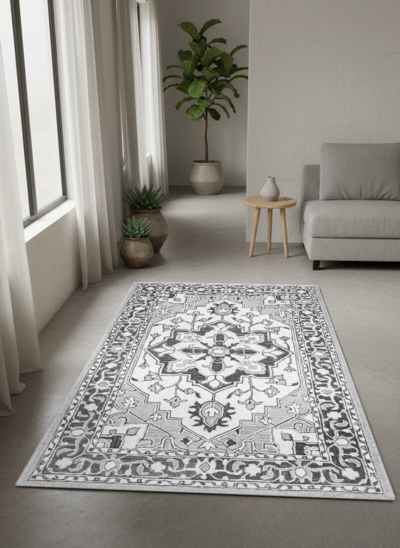 Monokrom Gri Geometrik Heriz Madalyon Çiçekli Dekoratif Salon Halısı – Gri Beyaz