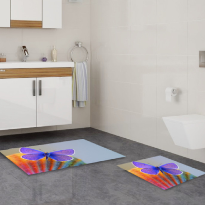 Mor Kelebekli İkili Banyo Paspas Seti – Menekşe Mor Makro Fotoğraf Sanatı