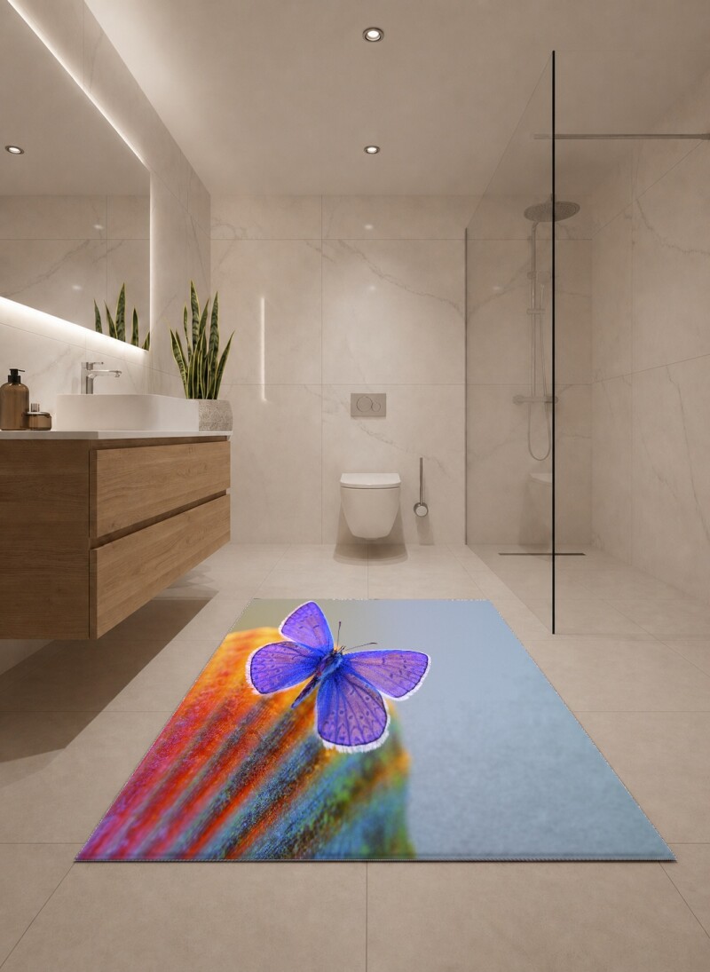 Mor Kelebekli İkili Banyo Paspas Seti – Menekşe Mor Makro Fotoğraf Sanatı