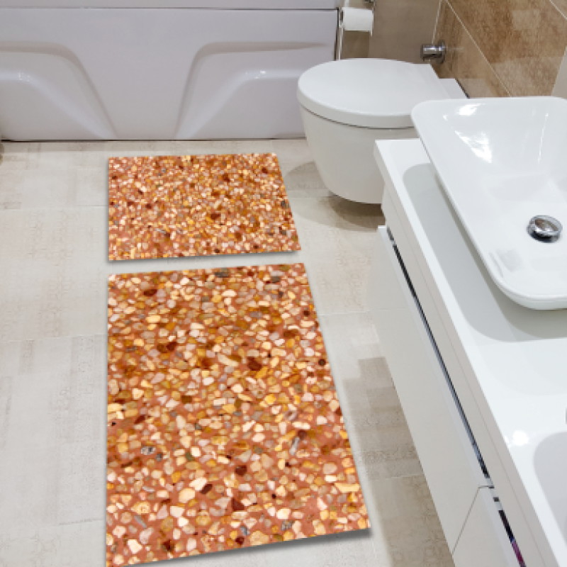 Mozaik Deniz Taşlı İkili Banyo Paspas Seti – Terracotta Somon Doğal Mineral