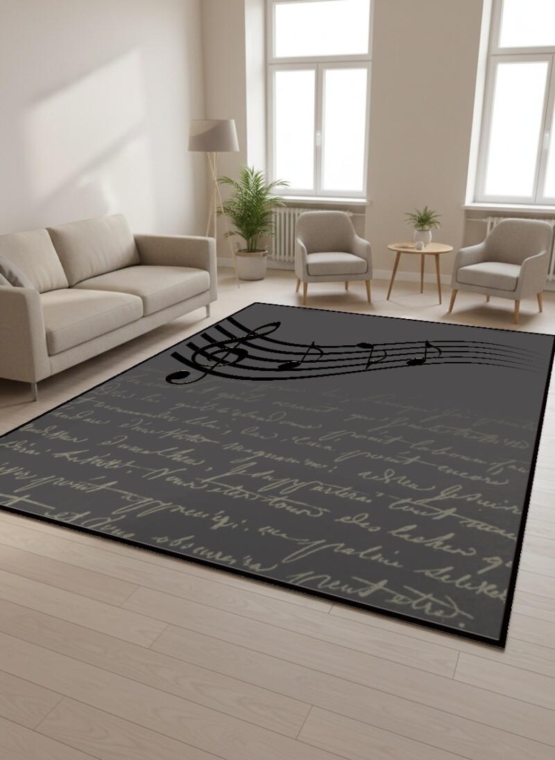Müzik Notalı Dekoratif Salon Halısı – Antrasit Gri Siyah Altın