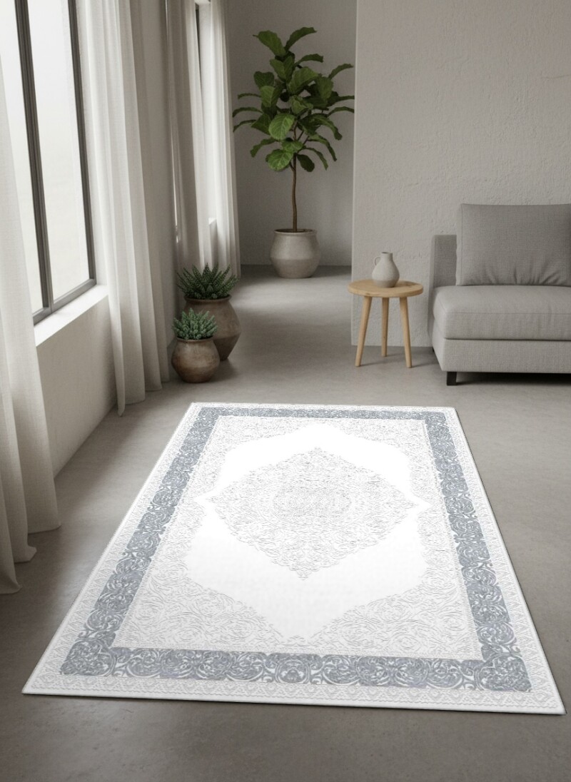 Narin Gümüş Arabesk Madalyon Kabartmalı Dekoratif Salon Halısı – Beyaz Gümüş