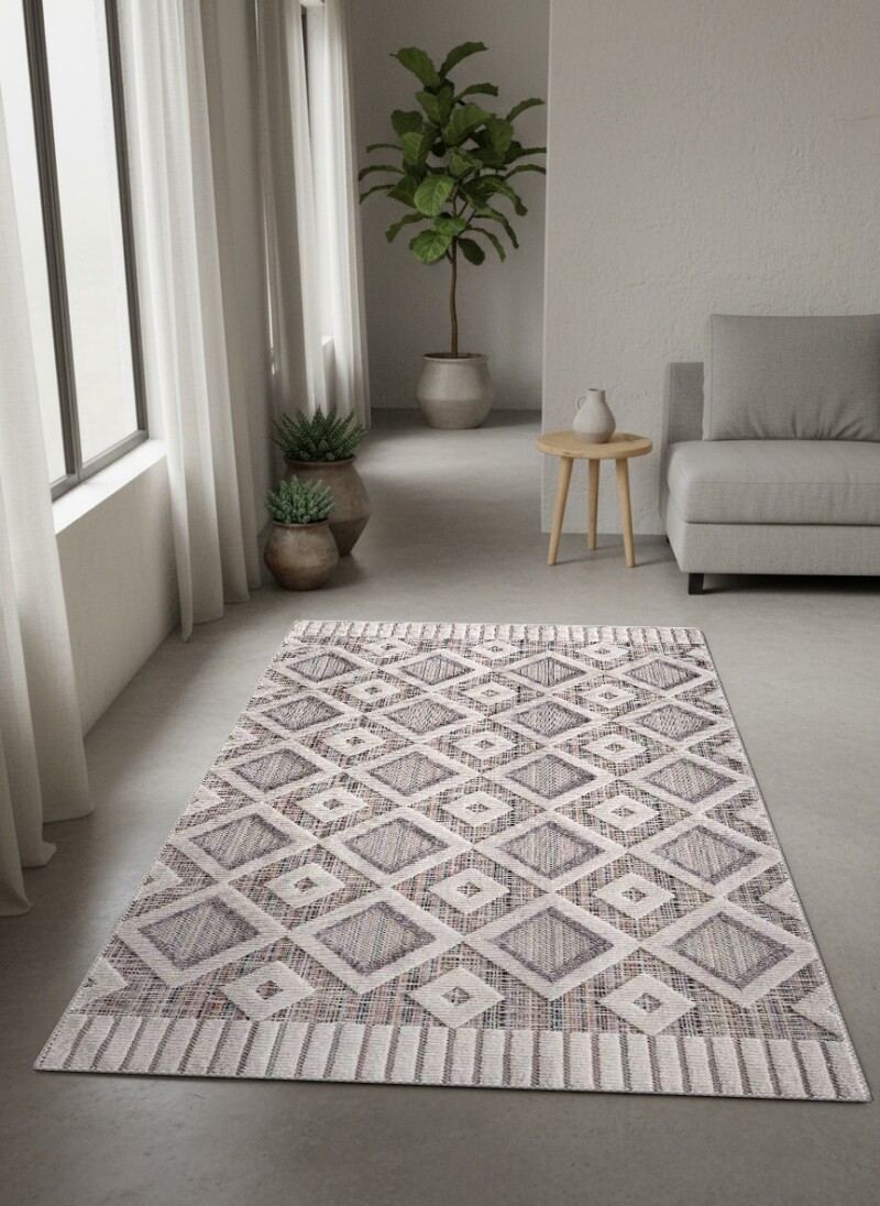 Nordic Geometrik Elmas Desenli Dekoratif Salon Halısı – Gri Krem