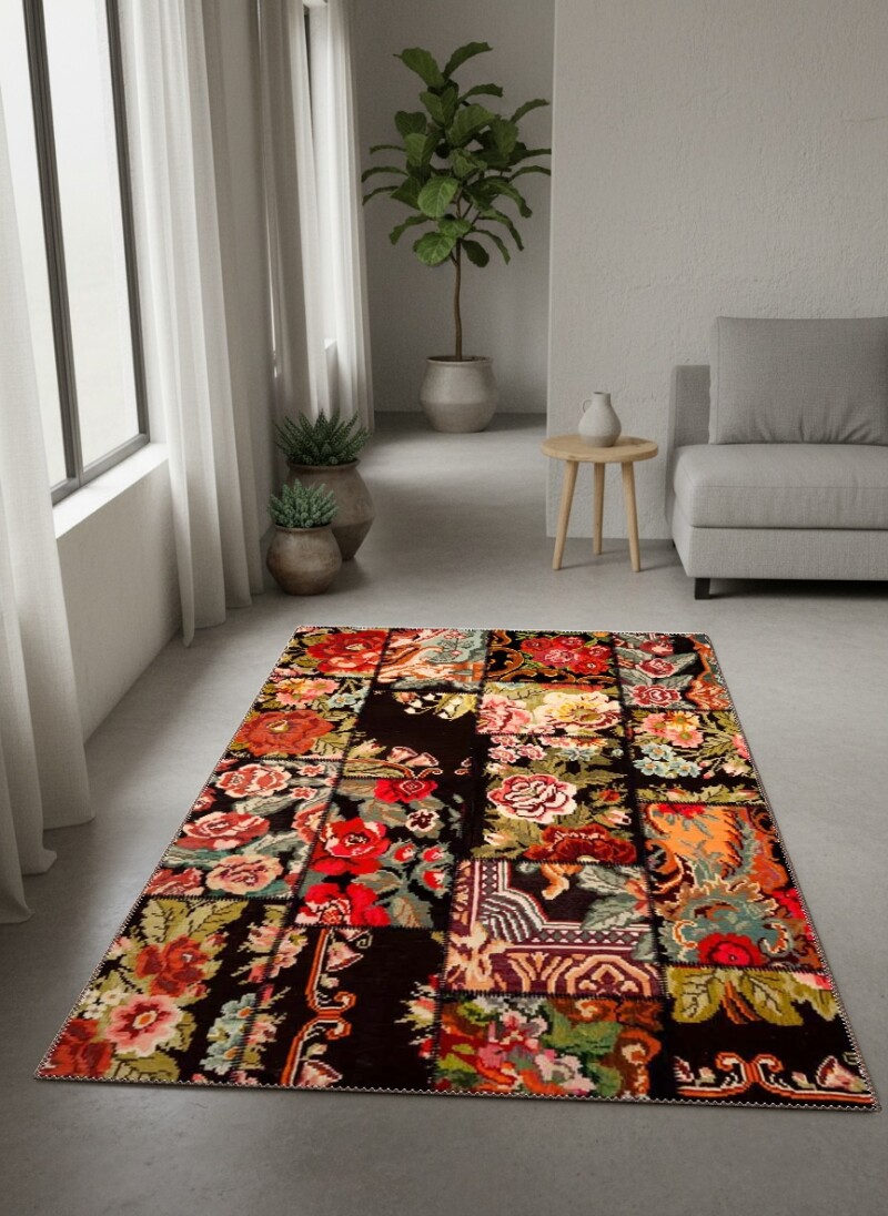 Patchwork Gül Kilim Kolaj Desenli Dekoratif Salon Halısı – Siyah Çok Renkli