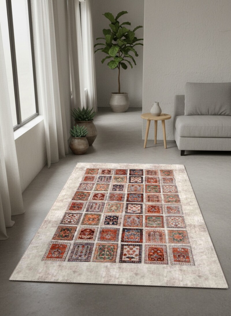 Patchwork Mini Kilim Kolaj Antika Desenli Dekoratif Salon Halısı – Krem Çok Renkli
