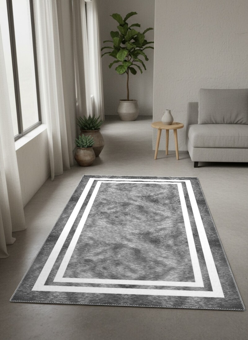 Peluş Kürk Dokulu Çerçeveli Dekoratif Salon Halısı – Gri Beyaz