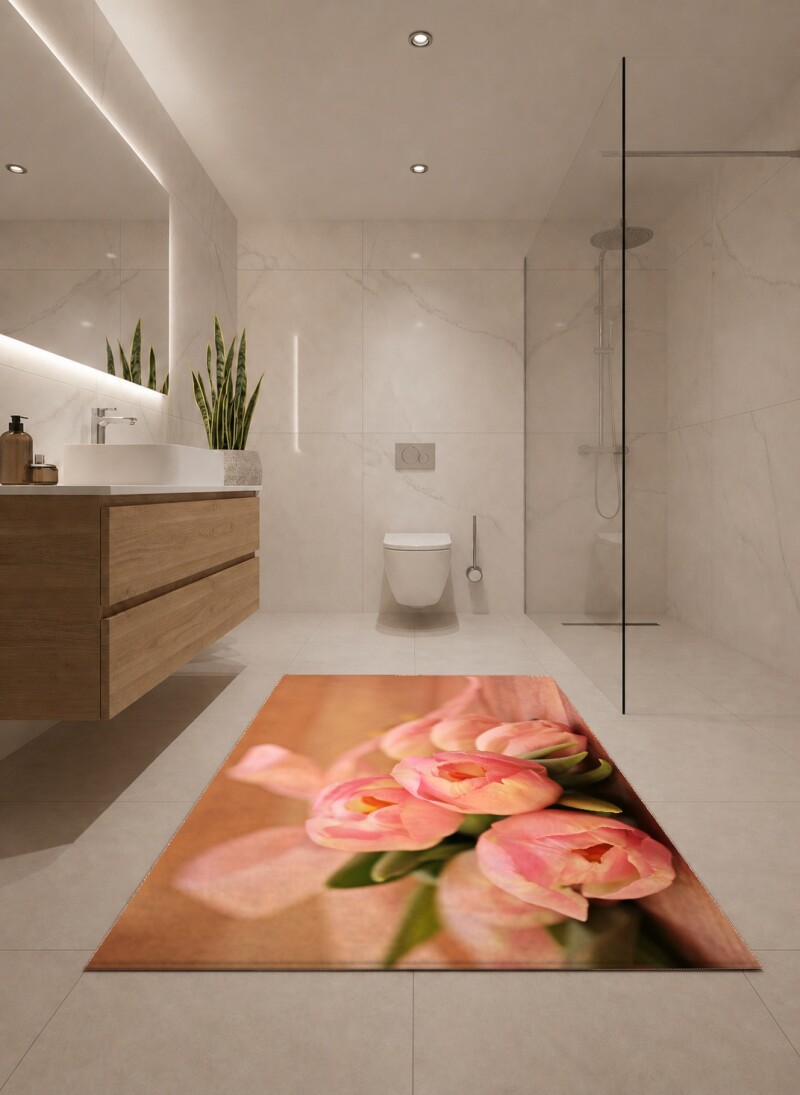 Pembe Lale Buketi Dekoratif Salon Halısı – Pastel Pembe Romantik Rustik