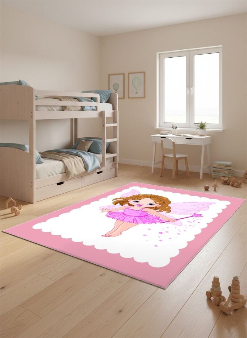 Pembe Perili Kız Çocuk Odası Halısı – Peri Masalı Sihirli Değnek