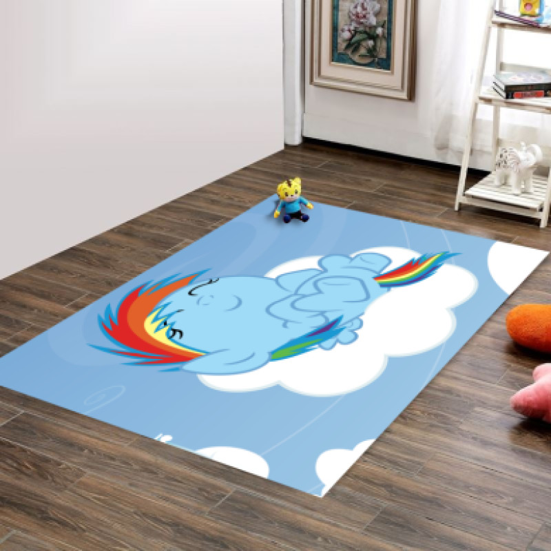 Rainbow Pony Kız Çocuk Odası Halısı – Mavi Gökkuşağı Bulutlu Masal