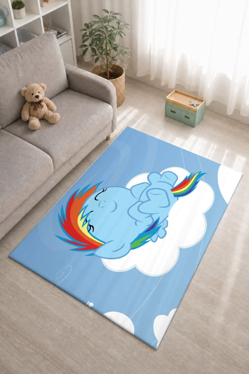 Rainbow Pony Kız Çocuk Odası Halısı – Mavi Gökkuşağı Bulutlu Masal
