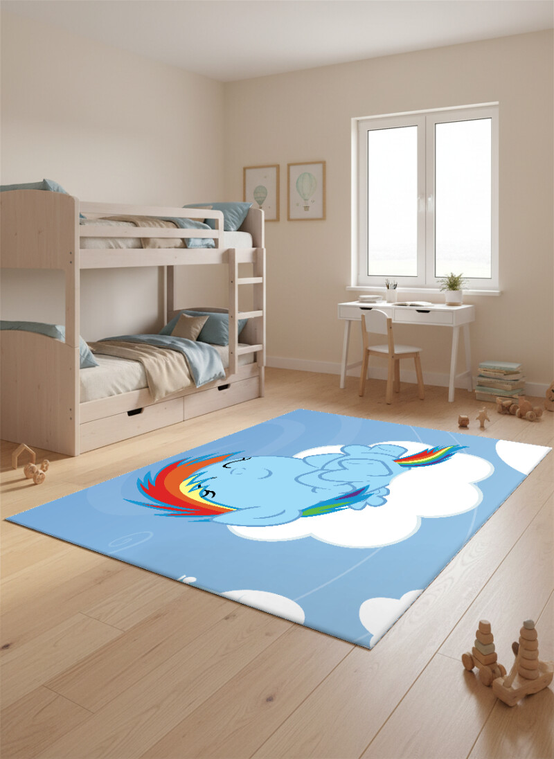 Rainbow Pony Kız Çocuk Odası Halısı – Mavi Gökkuşağı Bulutlu Masal