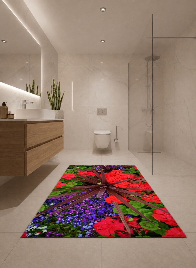 Renkli Bahçe Çiçeği Dekoratif Salon Halısı – Kırmızı Mor Yeşil Canlı