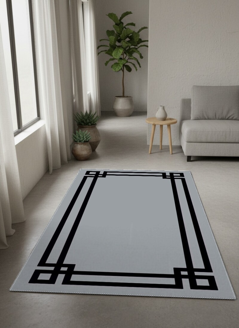 Sade Düz Zeminli Art Deco Çerçeveli Dekoratif Salon Halısı – Mavi Gri Siyah