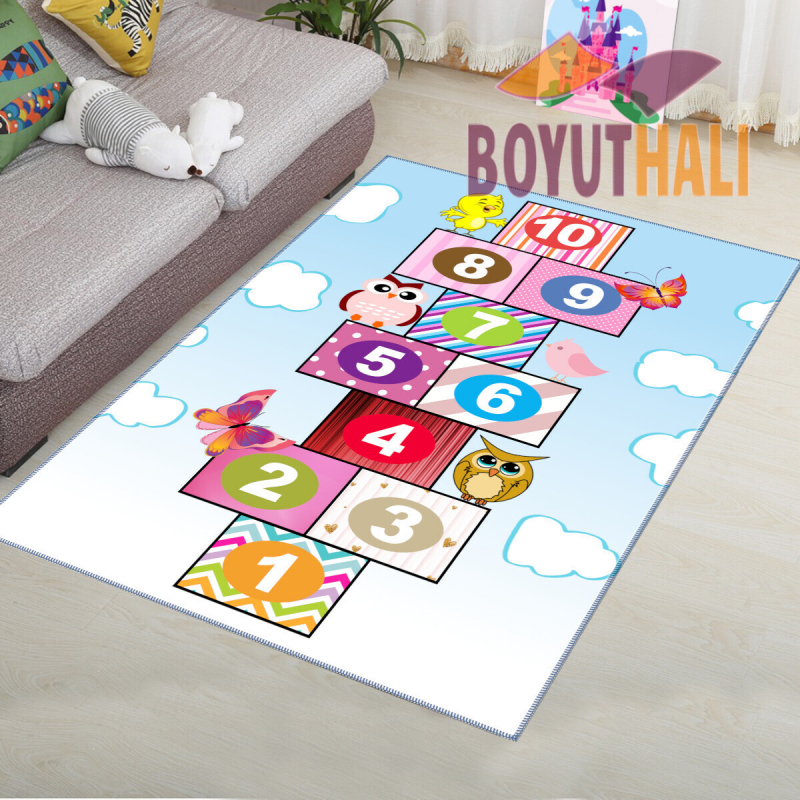 Seksek Kelebek Kuş Desenli Kız Çocuk Odası Halısı – Renkli Eğitici Sayı