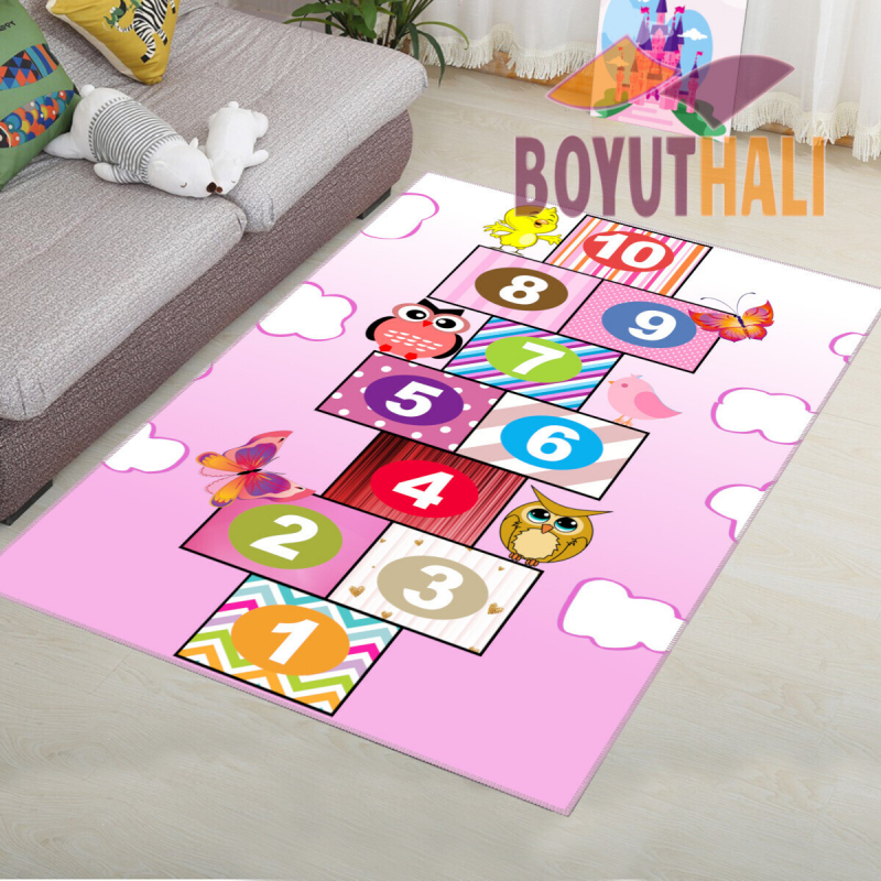 Seksek Kelebek Kuş Desenli Kız Çocuk Odası Halısı – Renkli Eğitici Sayı