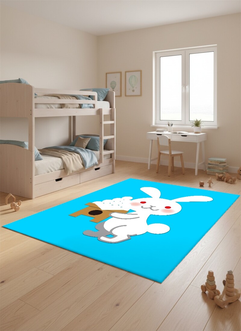 Sevimli Tavşan Erkek Çocuk Odası Halısı – Turkuaz Beyaz Kawaii Neşeli
