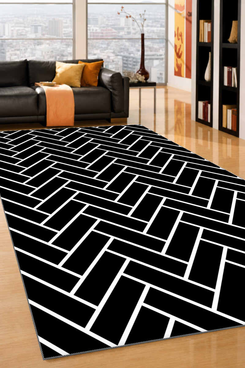 Siyah Beyaz Çizgili Dekoratif Halı – Balık Kılçığı Herringbone Mimari Siyah