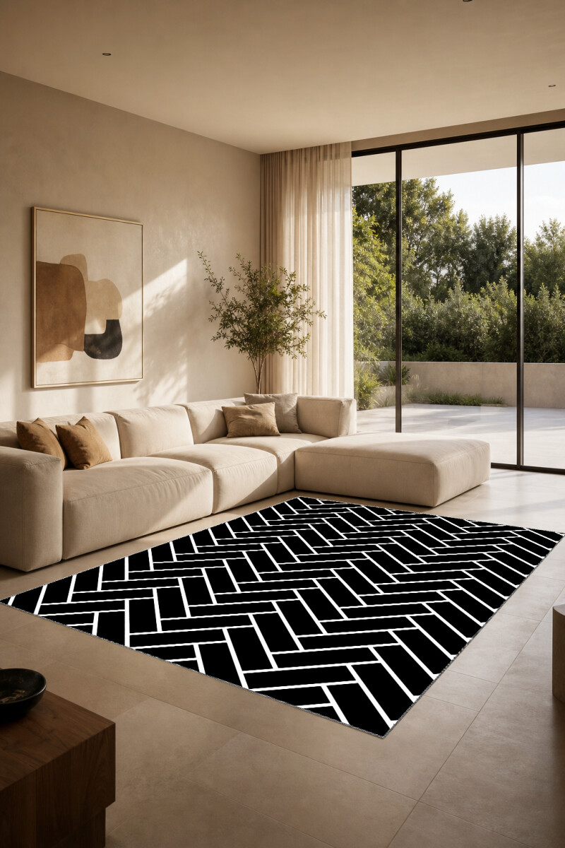Siyah Beyaz Çizgili Dekoratif Halı – Balık Kılçığı Herringbone Mimari Siyah