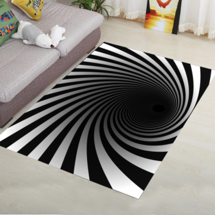 Siyah Beyaz Helozonik Desenli Dekoratif Halı – Spiral Vorteks 3D Tünel Optik