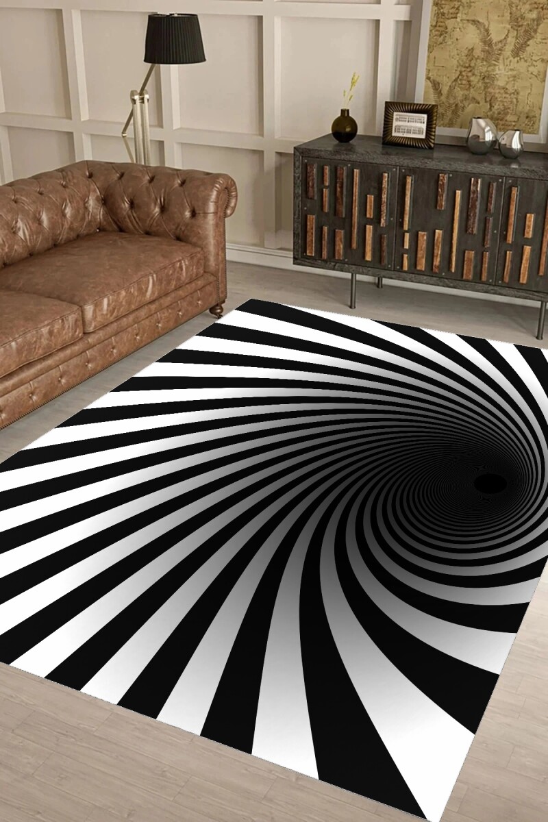 Siyah Beyaz Helozonik Desenli Dekoratif Halı – Spiral Vorteks 3D Tünel Optik