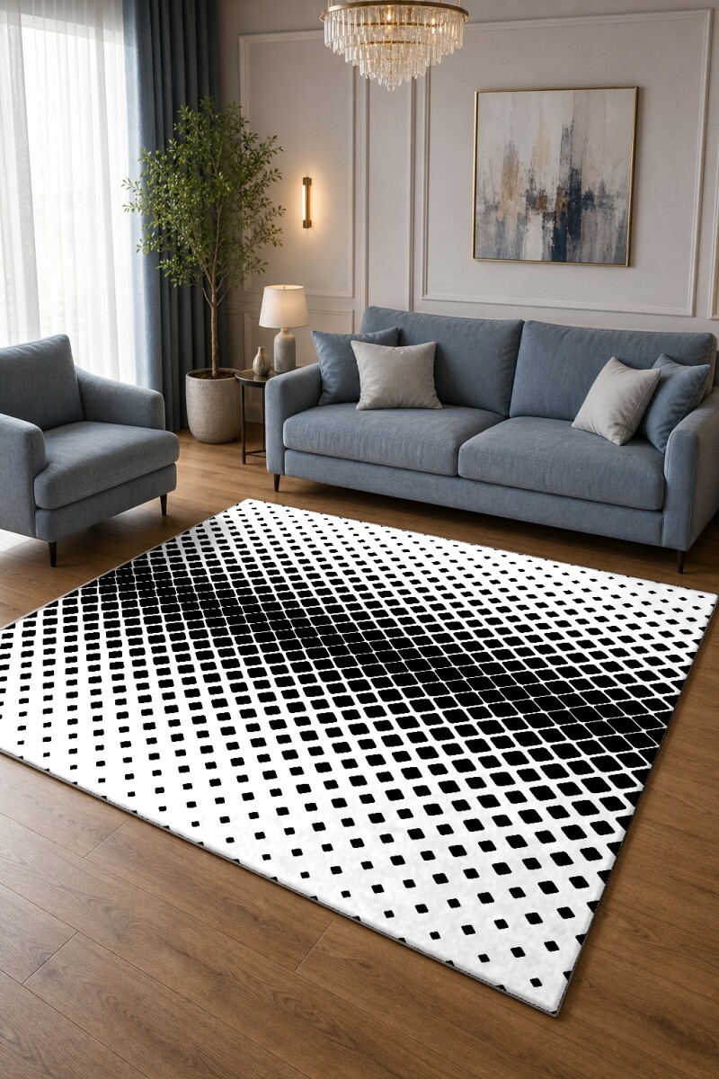 Siyah Beyaz Kareler Dekoratif Halı – Op-Art Elmas Optik İllüzyon Derin