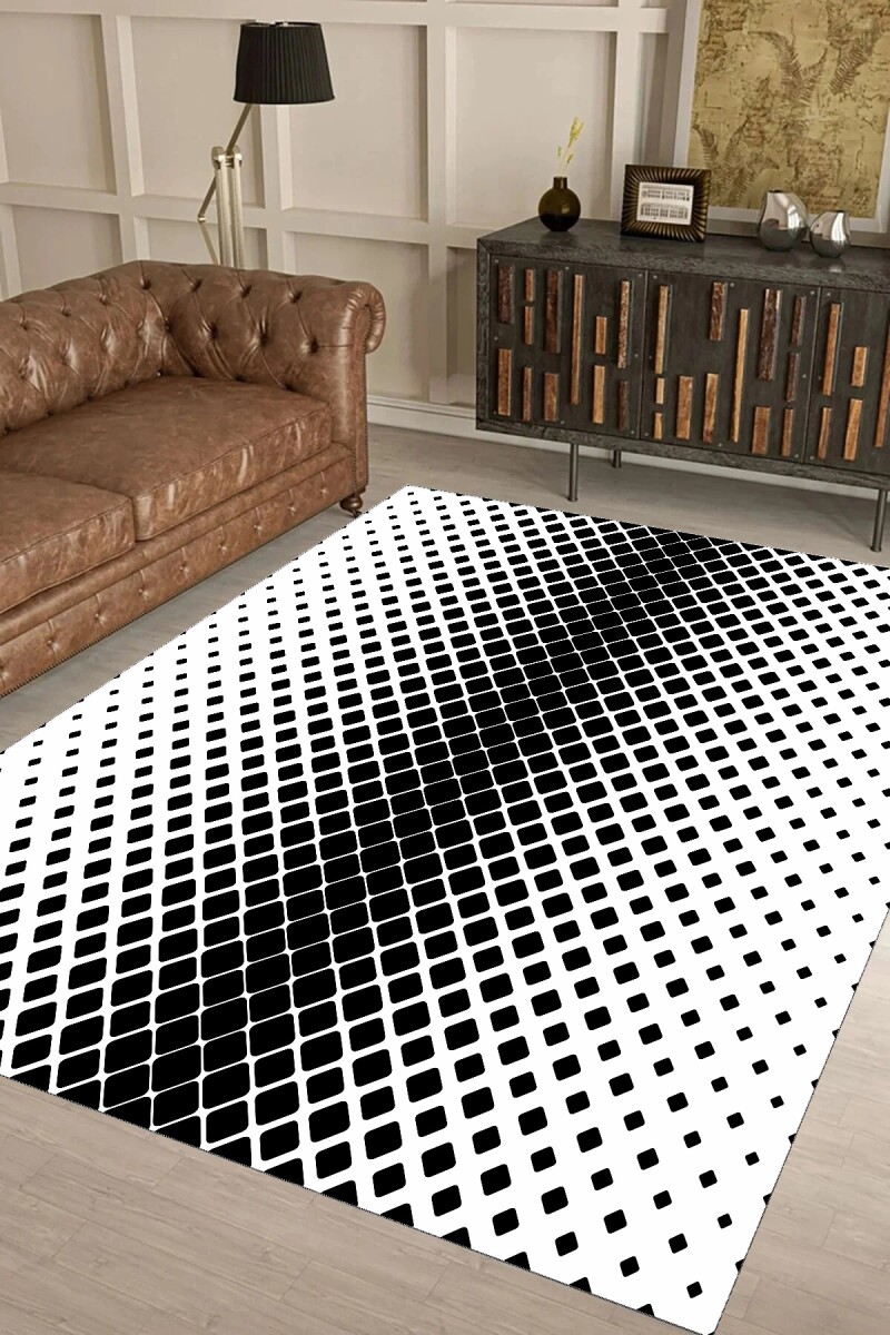 Siyah Beyaz Kareler Dekoratif Halı – Op-Art Elmas Optik İllüzyon Derin