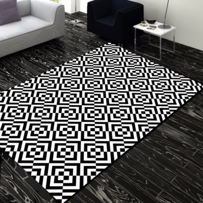Siyah Beyaz Kareler Dekoratif Halı – Op-Art Elmas Optik İllüzyon Derin