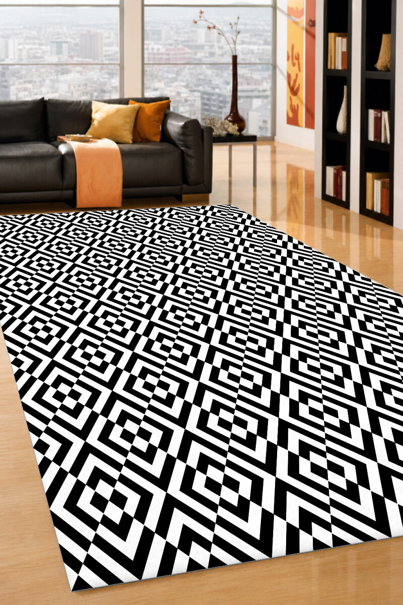 Siyah Beyaz Kareler Dekoratif Halı – Op-Art Elmas Optik İllüzyon Derin