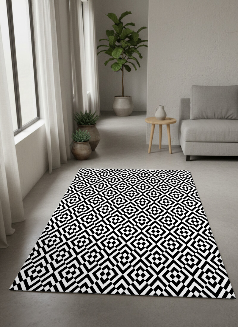 Siyah Beyaz Kareler Dekoratif Halı – Op-Art Elmas Optik İllüzyon Derin